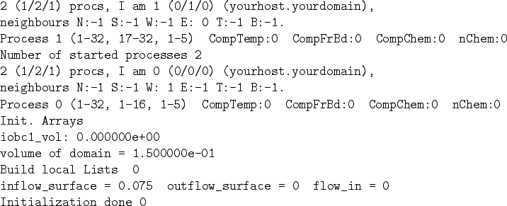 \begin{table}\begin{verbatim}2 (1/2/1) procs, I am 1 (0/1/0) (yourhost.yourdo...
... outflow_surface = 0 flow_in = 0
Initialization done 0\end{verbatim}\end{table}